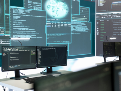 Cyber security monitoring room with high tech equipment. Governmental focus on cyber operations, cyber surveillance, and digital threats protection in an empty command workspace.